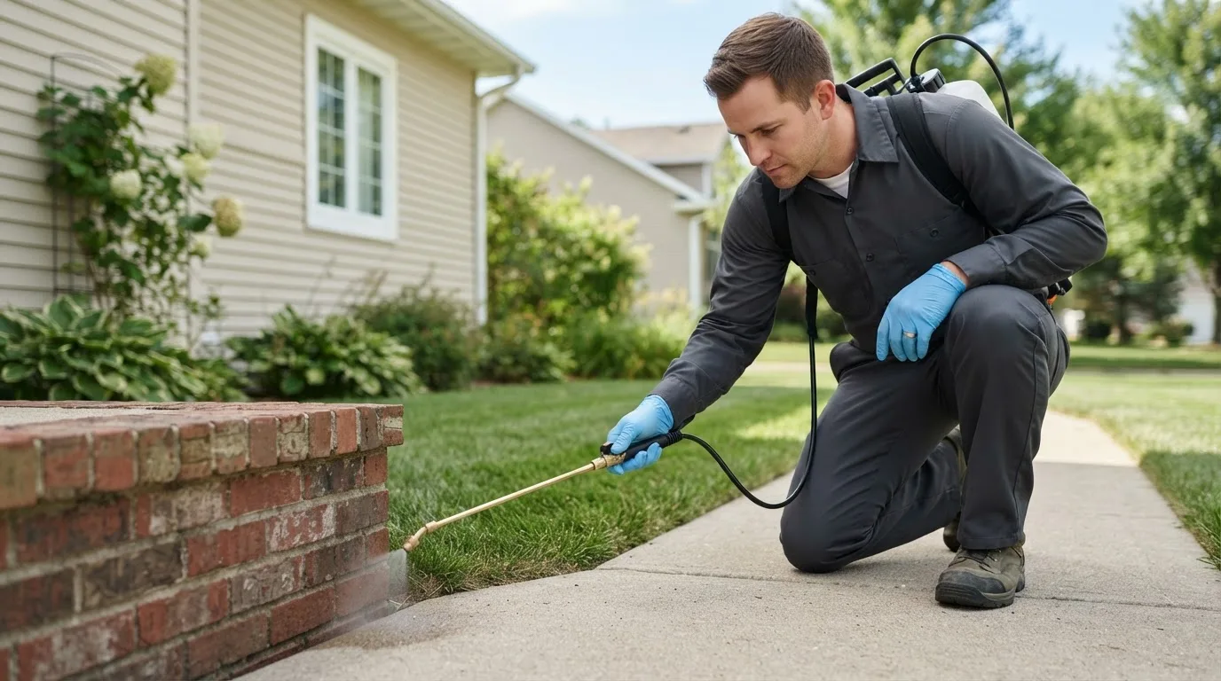 Pest control technician treating a home near New Hyde Park, NY